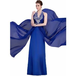 Coya Collection Blue Halter Neck Prom Dress Satin and Chiffon with Rhinestones